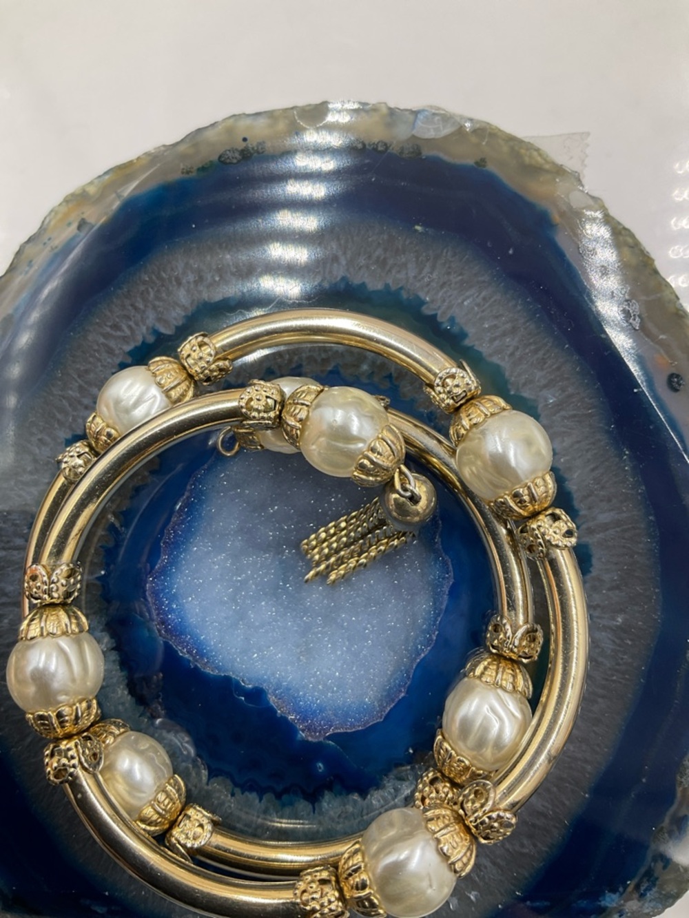 Elegant Gold Faux Pearl Double-Band Bracelet 6-8”(Memory Wire) - Picture 5 of 6
